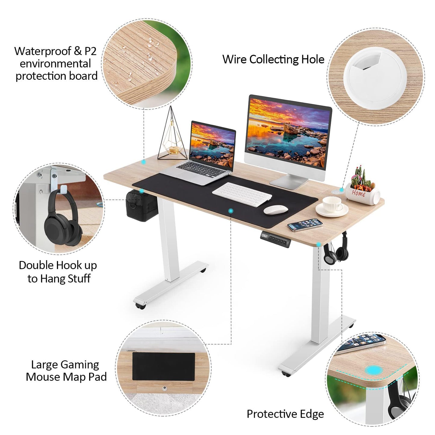 farexon Electric Standing Desk Adjustable Height,63x24 Inches Stand Up Desk with 4 Preset Heights, Lockable Casters,Double Hooks,27.5''-46.5'' Lifting Range Curved Home Office Computer Desk(Oak Grey)