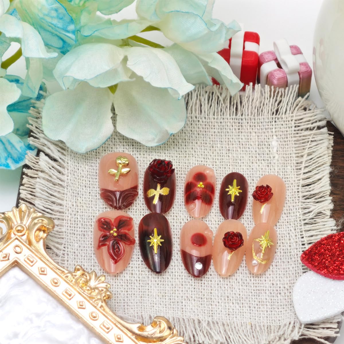 30Pcs Romantic Valentines Press on Nails Short Almond French Tip Fake Nails Red Exquisite Flowers Pearl Designs 3D Handmade Rose False Nails Gilding Full Cover Acrylic Stick on Nail for Women DIY