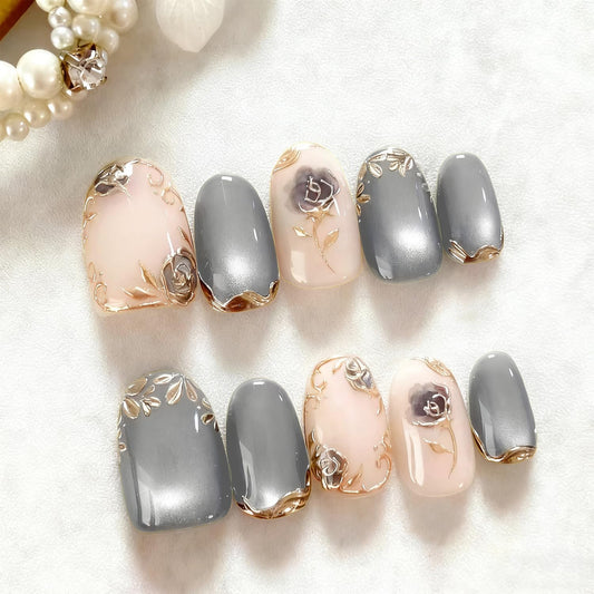 24Pcs Rose Press on Nails Medium Almond Fake Nails with Painted Flowers Boutique Nail Art Flower Rose Full Cover Acrylic Nails Black Gradient Floral False Nail Reusable Gold Stick on Nail for Women