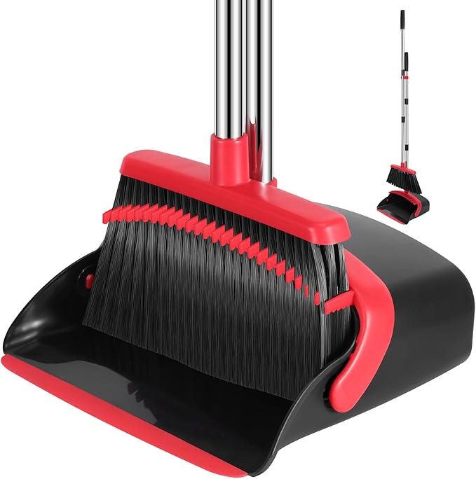 NACENA Broom and Dustpan Set, 52-in Long Adjustable Handle Broom Dustpan Combo with Dustpan Teeth to Automatically Clean Hair Suitable for Home Kitchen Office Hall Floorï¼Black&Redï¼