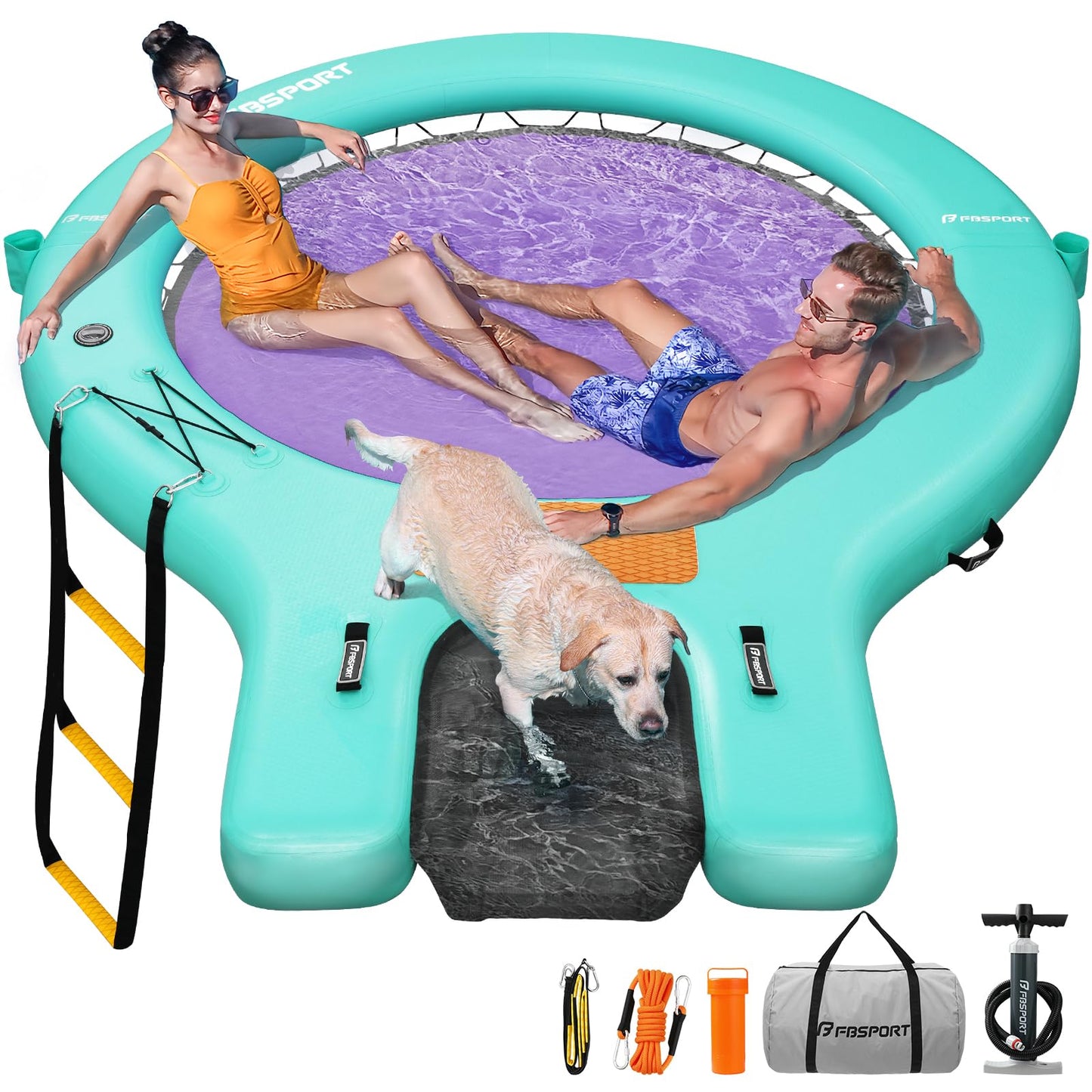 FBSPORT Inflatable Water Hammock Floating Dock with Boat Ramp,Round Floating Ring Inflatable Raft with Cup Holders, Sun Float Chill Tanning Pool Lounger Platform for Lake
