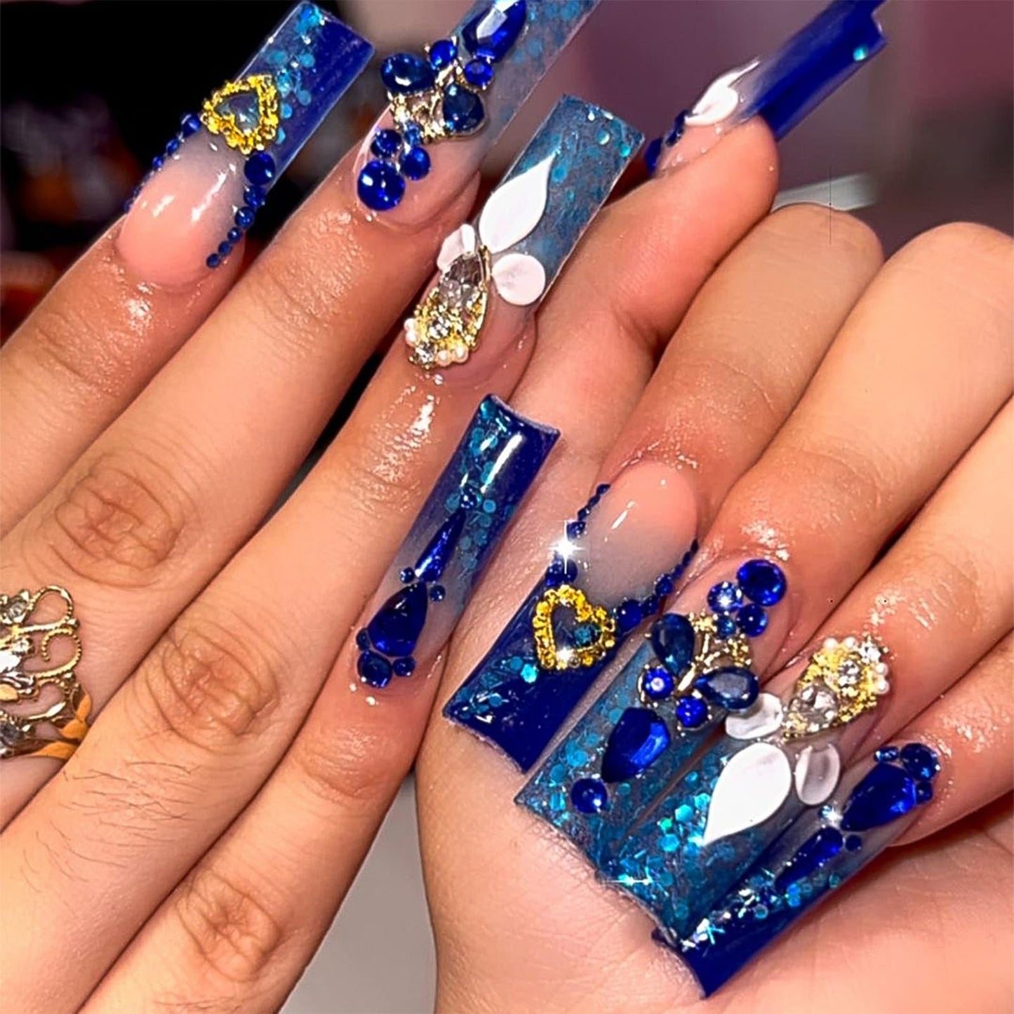 IMRAIN Press on Nails Long Square Fake Nails - Blue Gradient, Glitter Powder, Luxurious Butterfly Rhinestone Designs Full Cover Artificial Acrylic Reusable False Nails for Women 24Pcs