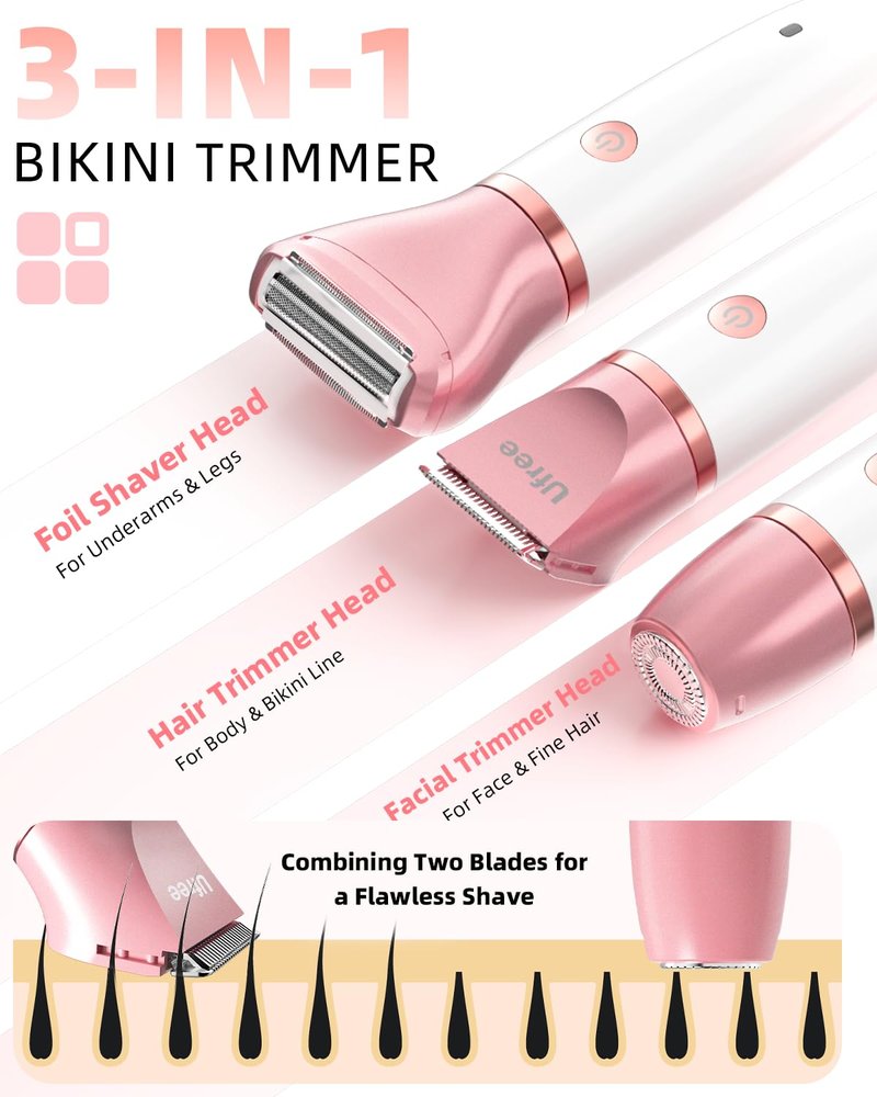 Ufree Bikini Trimmer Electric Razors for Women, Ceramic Blade Body Hair Trimmer, IPX7 Waterproof Rechargeable Lady Shaver, Personal Groomer for Legs & Pubic Hair, Gifts for Women, Black