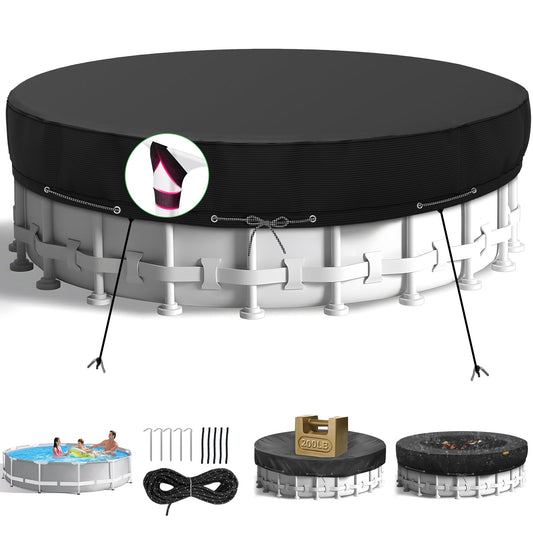 10Ft Round Pool Cover,Heavy Duty Waterproof Round Pool Covers for Above Ground Pools with Ground Nails and Windproof Ropes,Increase Stability&Tear-Resistant, Waterproof and Dustproof, Black