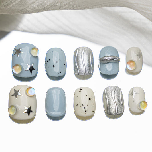 Sun&Beam Nails Handmade Press-on Short Squoval Round Blue Silver White 3D Star Minimalist Design Fashion False Nail Tips 10 Pcs Set (#175 S)