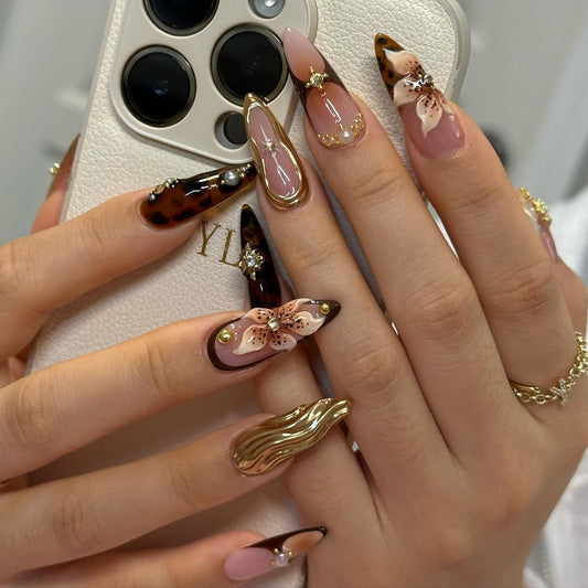 Gleamrain Stiletto Press on Nails Long Almond Brown False Nail with Flower and Swirl Designs 3d Fall Nails Press Ons for Women 24pcs