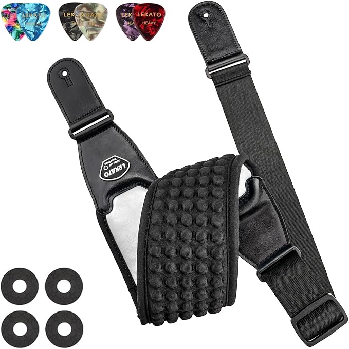 LEKATO Guitar Straps for Electric Guitar & Bass, 3.5" Wide Padded Guitar Strap Neoprene Pad with 3D Sponge Filling Bass Guitar Straps Adjustable Length from 45" to 55" with Strap Locks, Picks, White