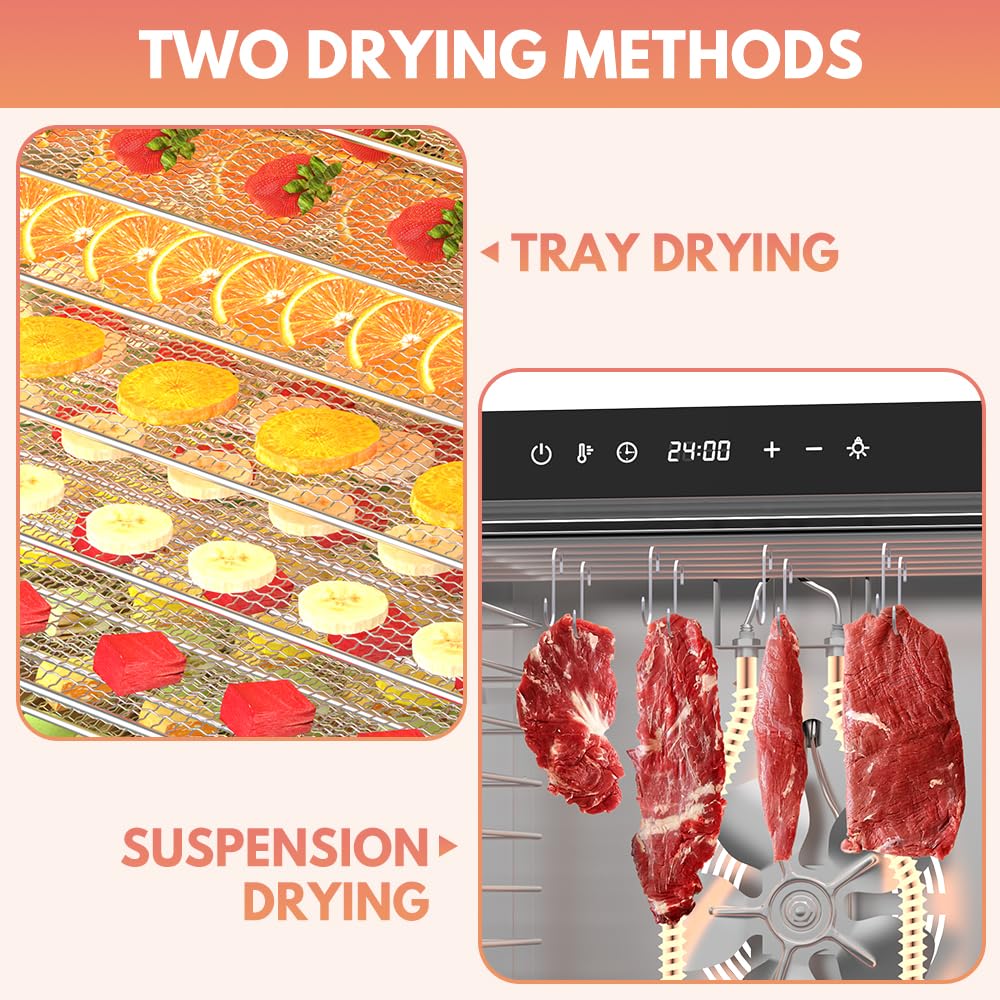 BriSunshine 20-Tray Commercial Food Dehydrator Machine, 24H Timer, 1600W Large Stainless Steel Dehydrators Dryer for Meat Jerky, Dog Treats, Fruits