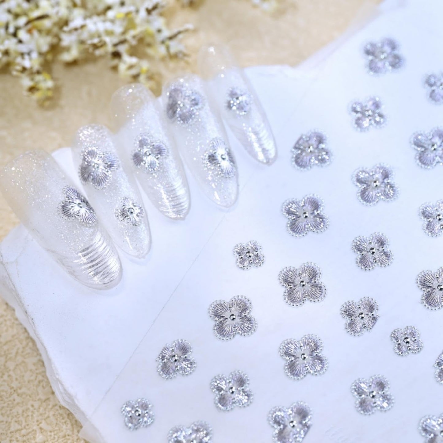 Leaf Nail Stickers 5D Embossed Silver Shamrock Nail Art Stickers 3D Self-Adhesive Clover Nails Supplies Flower Nail Designs Cute Floral St Patricks Nail Decals Stickers for Women DIY Manicure 1 Sheet