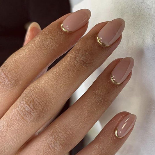 UNA GELLA 32Pcs Soft Gel Press on Nails - 16 Sizes Gold Rim Nude Pink Almond Glue on Nails, Reusable Elegant French False Nails, Full Cover Acrylic Nail Kit for Women DIY Home Manicure