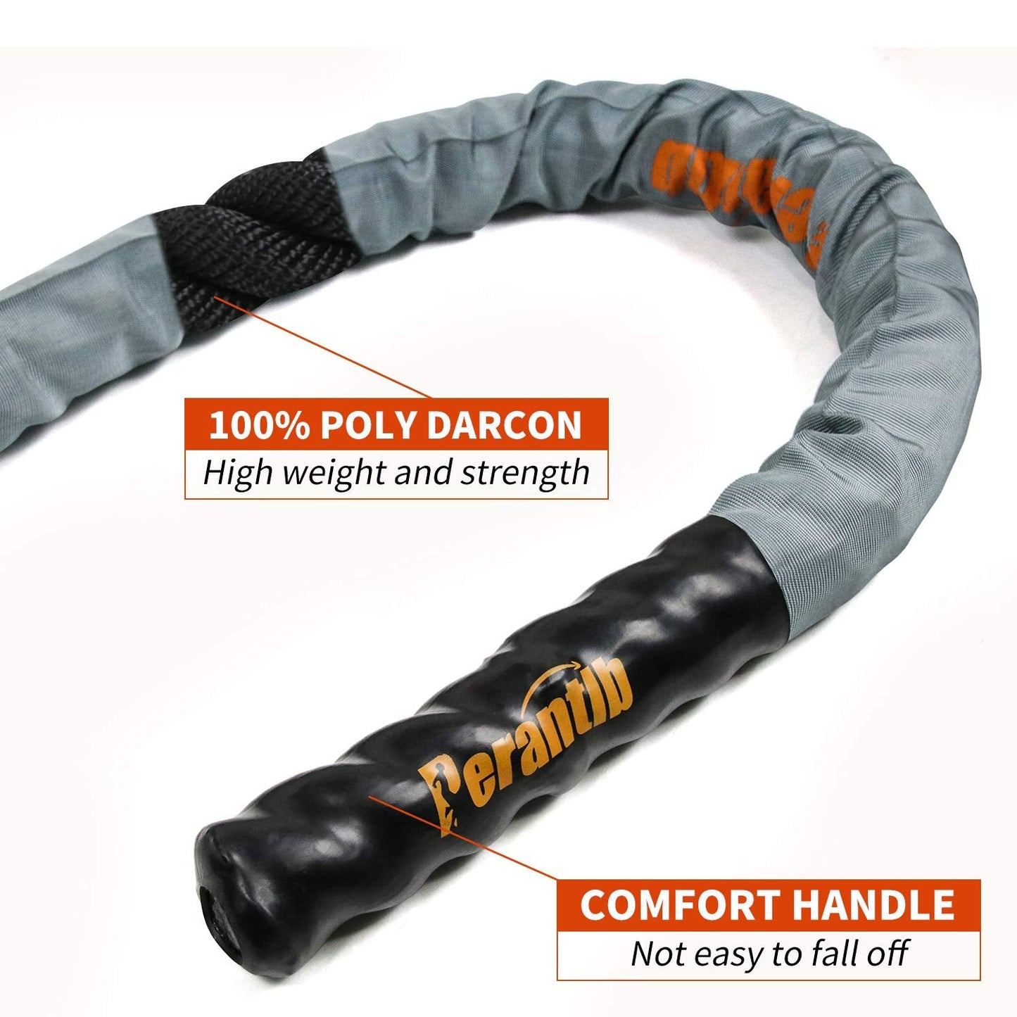 Perantlb Battle Rope with Cloth Sleeve -1.5/2 Inch Diameter 30' 40' 50' Lengths -Gym Muscle Toning Metabolic Workout Fitness, Battle Rope Anchor Strap Kit Included(2"x30ft)