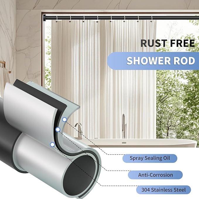 Black Shower Curtain Rod 34-66 Inches(2.8-5.5ft) Never Rust Adjustable Shower Rod Spring Tension Non Slip No Drilling Shower Rods for Bathroom Garland Window