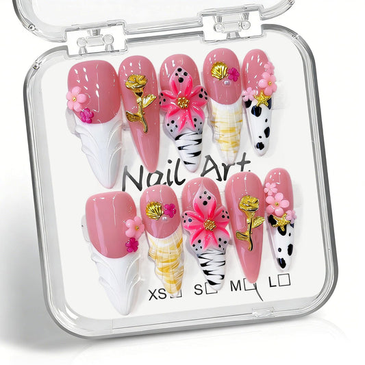 10 Pcs Handmade Press on Nails Long Stilettos Fake Nails with White French Tip Leopard Print Design 3D Flowers False Nails Pink Acrylic Stiletto Press Ons Nails for Women Wedding Nail Art - M Size