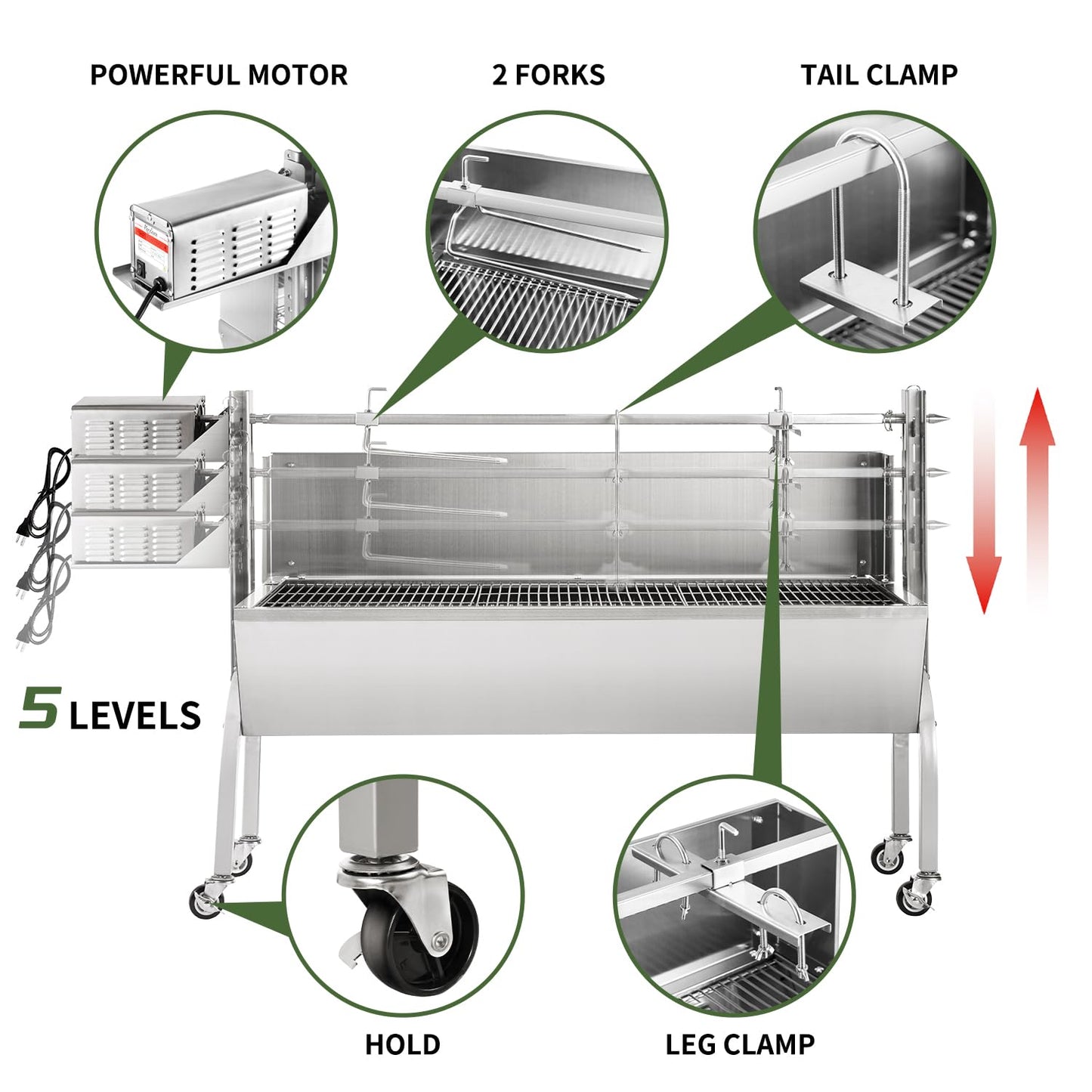 Kendane Rotisserie Grill Charcoal Spit Roaster, Stainless Steel 46" Pig Lamb Hooded Roaster Charcoal Spit with 30W Motor & Adjustable Height Lockable Casters for Party Barbecue, Rated 150 LB
