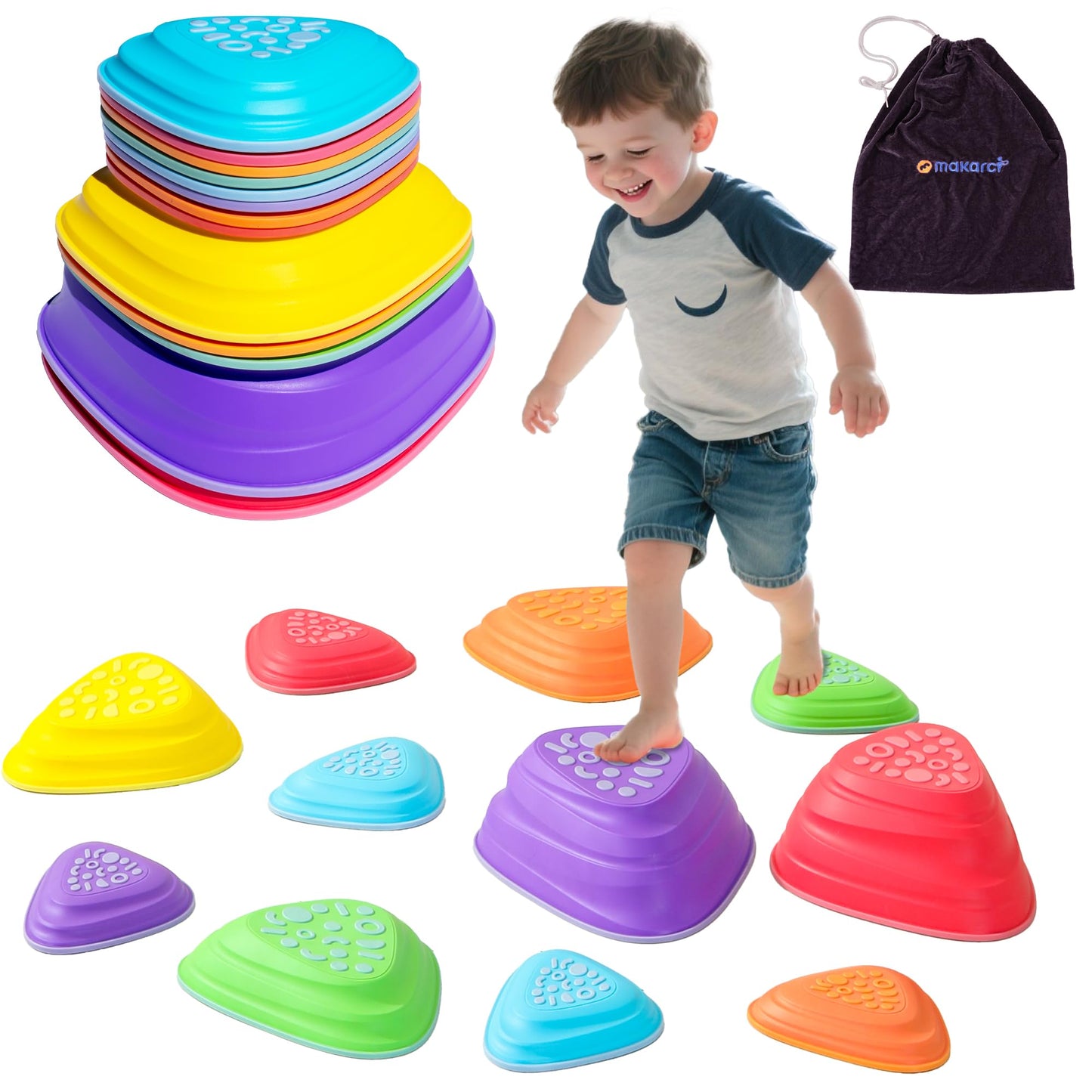 makarci 11PCS Stepping Stones for Kids – Non-Slip Balance Stones with Rubber Tops, Sensory Toys for Toddlers, Indoor & Outdoor Obstacle Course, Promotes Balance & Coordination, Ages 3+