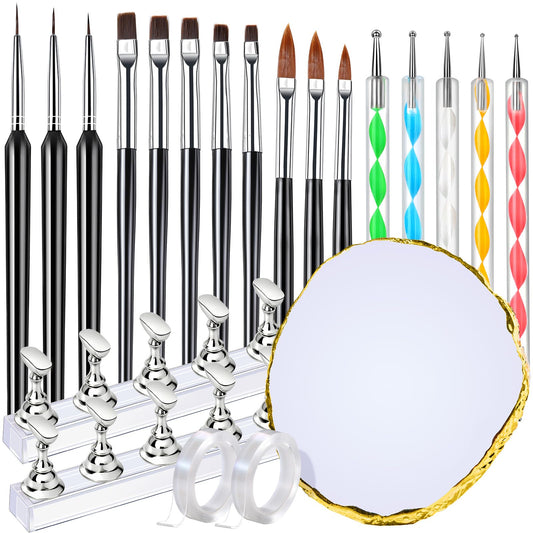 FANDAMEI Nail Art Brushes, Nail Art Tools, Nail Design Tools, Nail Brush Set With Nail Stand, Nail Holder For Painting Nails, 11PCS Nail Brushes For Nail Art, 5PCS Nail Dotting Tool, Nail Art Palette
