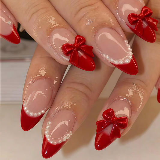 Red French Tip Press on Nails - Medium Almond Fake Nails with 3D Bow | Pearl Designs False Nails Reusable Glue on Nails Glossy Full Cover Stick on Nails for Women Manicure 24Pcs
