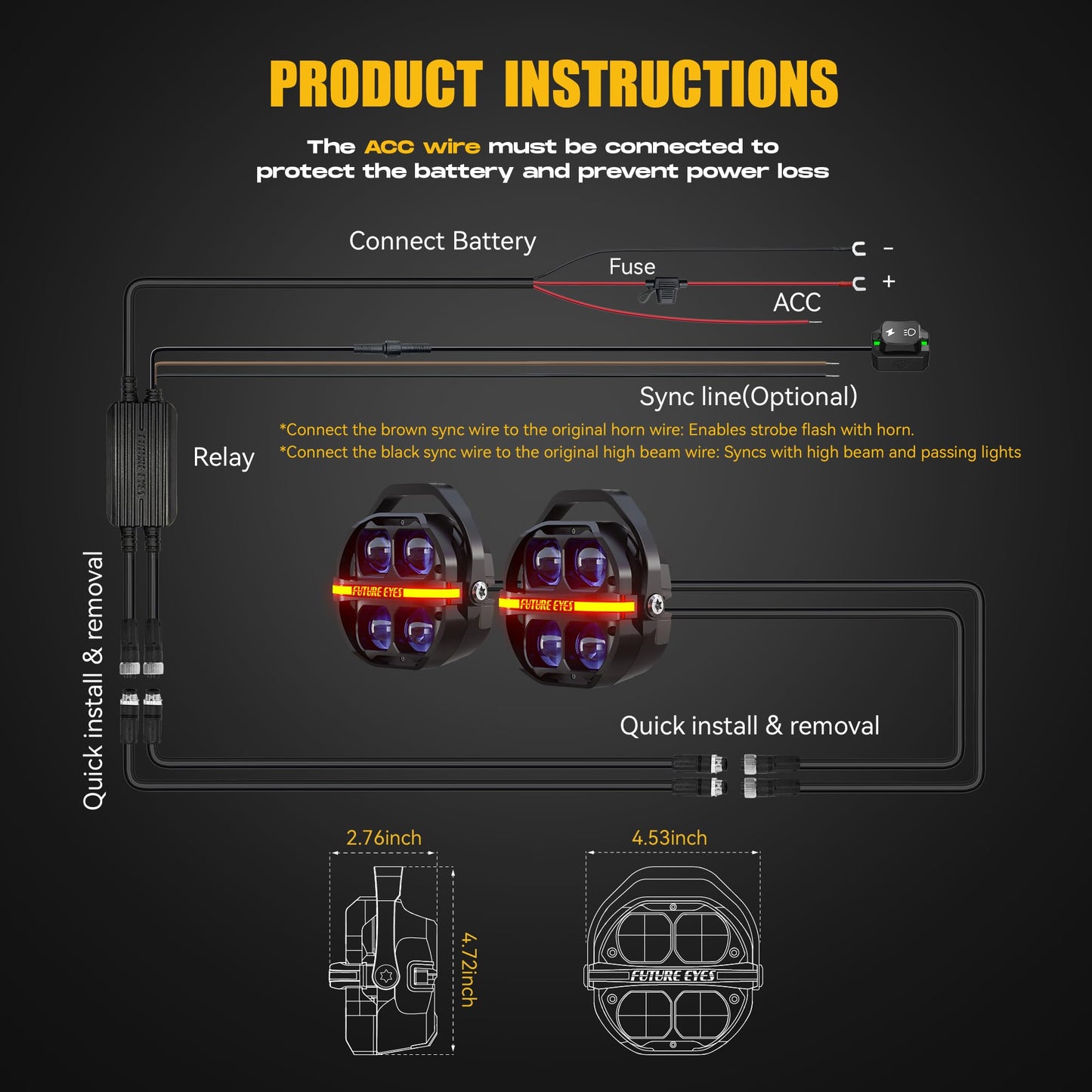 Future Eyes Motorcycle Driving Lights – 180W LED Fog Lights with Amber & White Beams, Waterproof Auxiliary Spotlights with DRL, Strobe, Signal, for Night Riding Off-Road UTV ATV