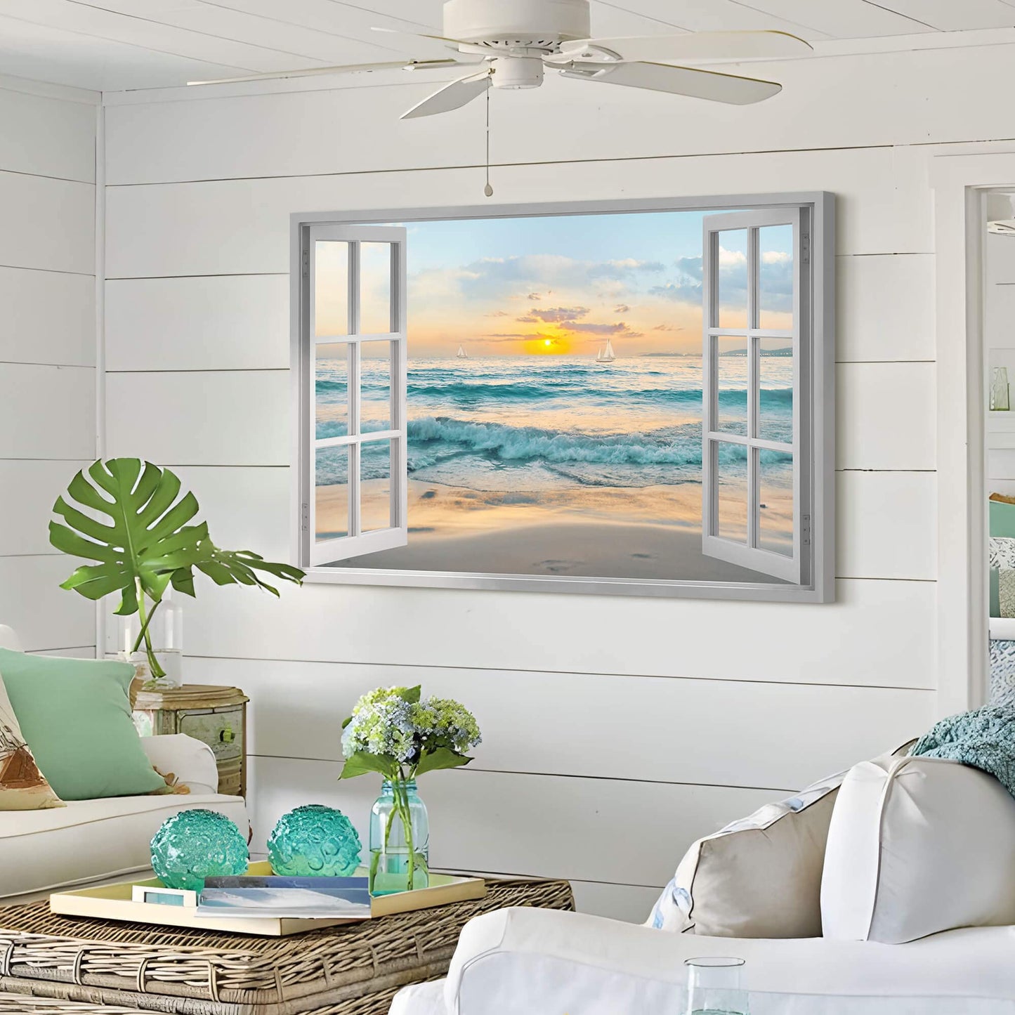 Window View Canvas Wall Art: Open Window Beach Coastal Sailboats Picture Large Blue Ocean Waves Artwork Natural Sunset Seascape Prints Modern Sea Scenery Painting for Bedroom Bathroom Home Office