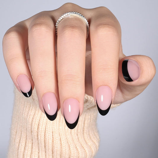 Black French Tip Press On Nails, Short Almond Fake Nails, Reusable Glue On Nails with Nail Glue, French Tip Design for Women 32 Pieces 16 Sizes