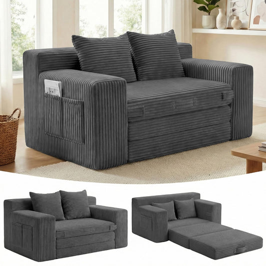 Boneless Loveseat Sleeper Sofa Bed: 3-in-1 Convertible Sofa Bed with Side Pockets & Handle,Pull Out Couch with 2 Pillows,Folding Futon for Small Space,Living Room & Bedroom,Corduroy Fabric,No Assembly