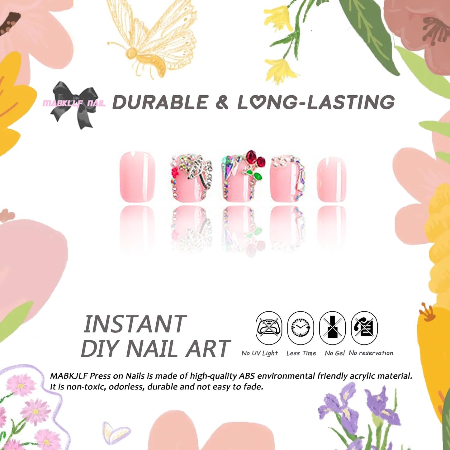 Nude Pink Press on Nails Short Square MABKJLF French Tip Fake Nails False Nails with Designs Bow Cherry Butterfly Flower Charm Rhinestones Glossy Glue on Nails Acrylic Nails for Women Girls 24 Pcs