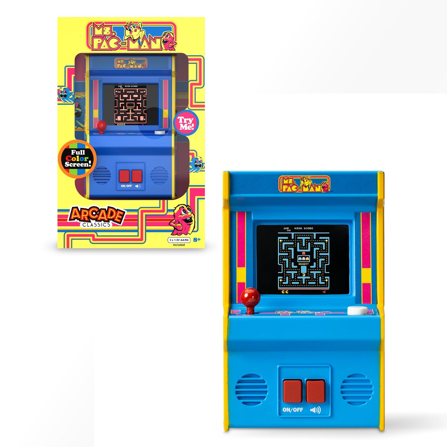Arcade Classics Ms. Pac-Man - Retro Mini Arcade Game, Full Color Screen, Classic Handheld Electronic Game Console, 90s Toy, Great Gift for Kids 8+
