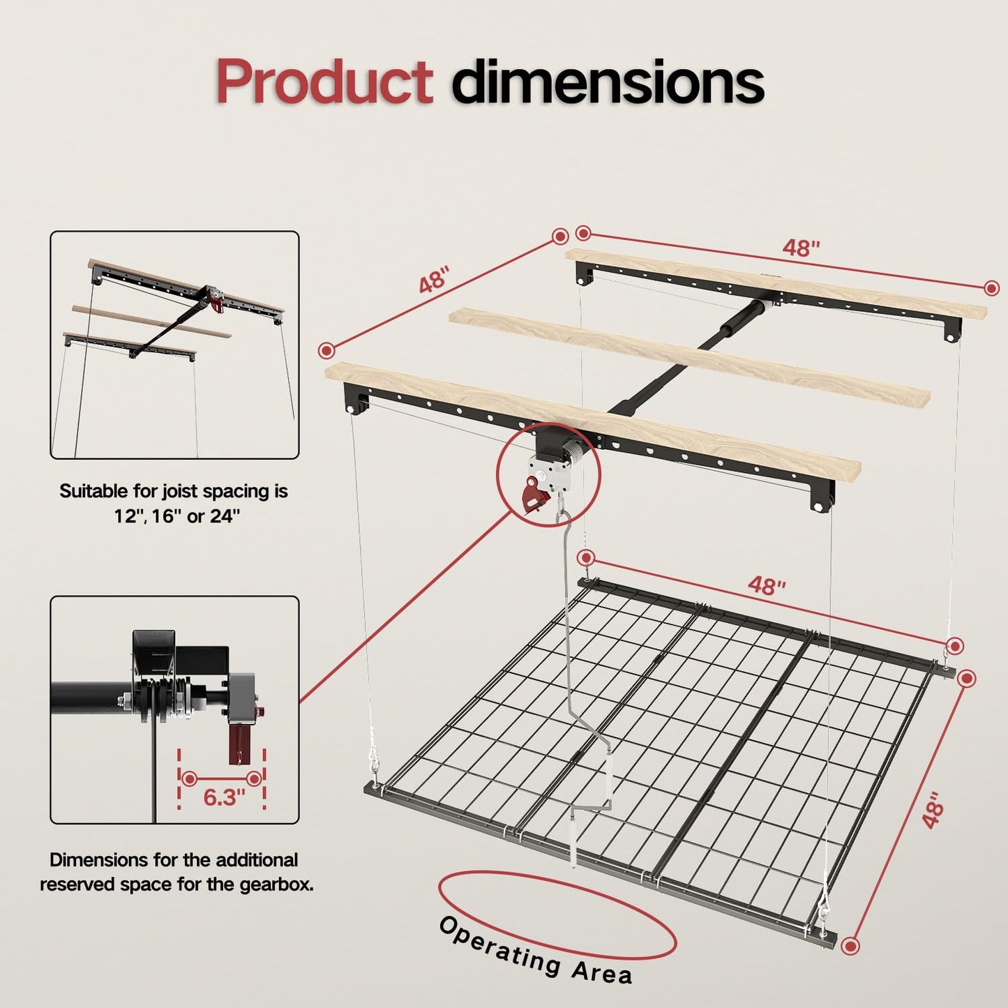 Overhead Garage Storage Rack for 12–14 FT Ceiling, Heavy-duty 4x4 FT Ceiling Storage Racks with Safety Lock, Ideal for Garage Storage Mounted Lift System and Storage Organizer, 250lbs Capacity