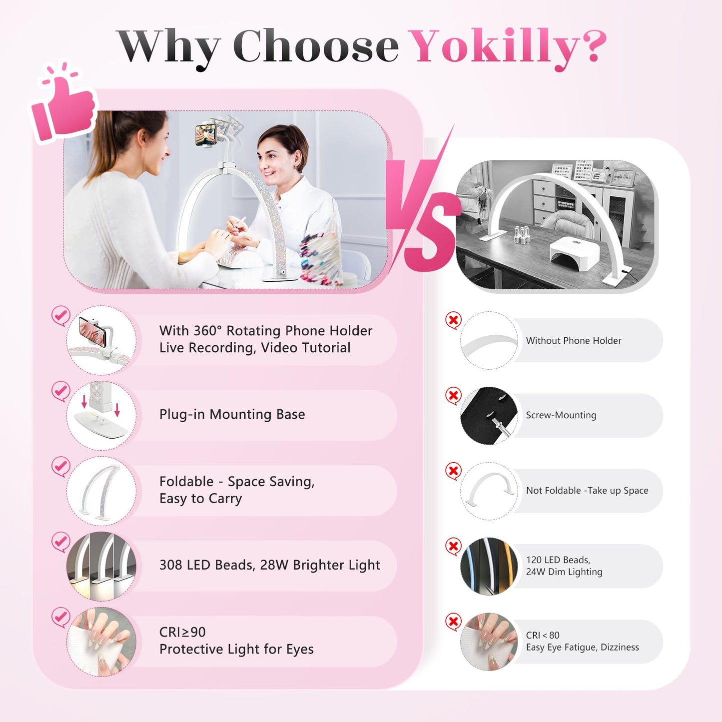 Yokilly Half Moon Light for Nail Desk: 23" Foldable Half Moon Desk Lamp with Phone Holder for Beginner - Arch Nail Tech Light with 3 Color Modes & 10 Brightness for Manicure Salon (Diamond, Small)