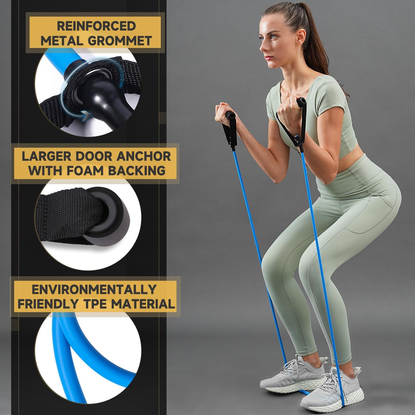 Single Resistance Bands with Handles for Working Out Women and Men, Exercise Bands with Door Anchor, Stretch Bands for Home Workouts, Simple Guide Included (Extra light-yellow-10 lbs)