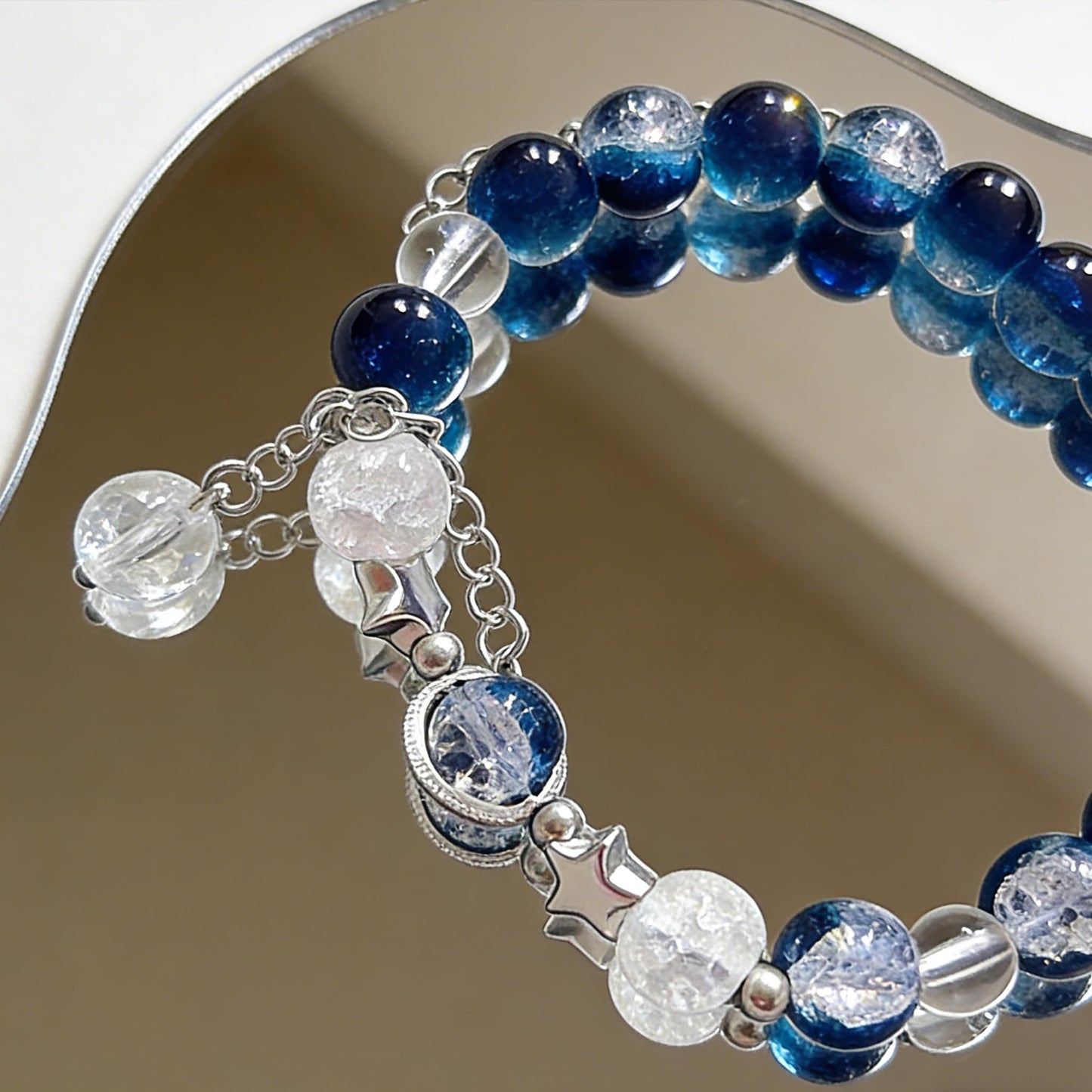 VIEKYBUTTY Blue Moon Starry Sky Beaded Bracelet - Silver Space Crystal Whimsical Gemstone Bracelet for Women