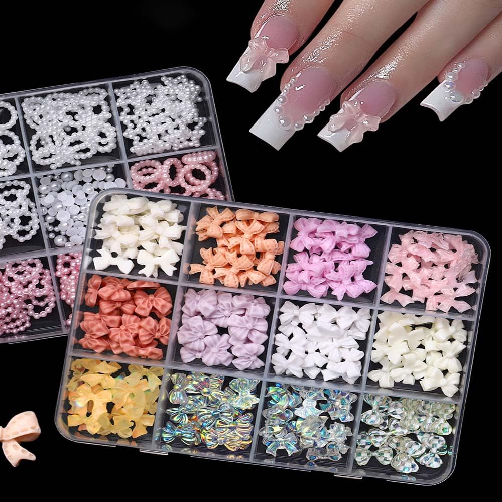 Bow Nail Charms 3D Resin Pink White Nail Gems Cute AB Crystal Bowknot Nail Jewels Shiny Bowknots Nail Art Supplies for Women DIY Acrylic Nail with Tweezers 12 Grids 1 Box 12 Styles