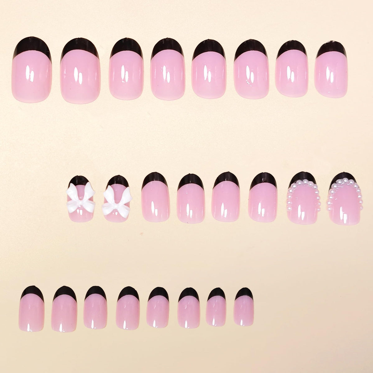 Black French Tip Press on Nails Short - Almond Fake Nails with Peal Tip Designs White Bow Artificial False Nails French Tip Glue on Nails Glossy Full Cover Stick on Nails for Women 24Pcs