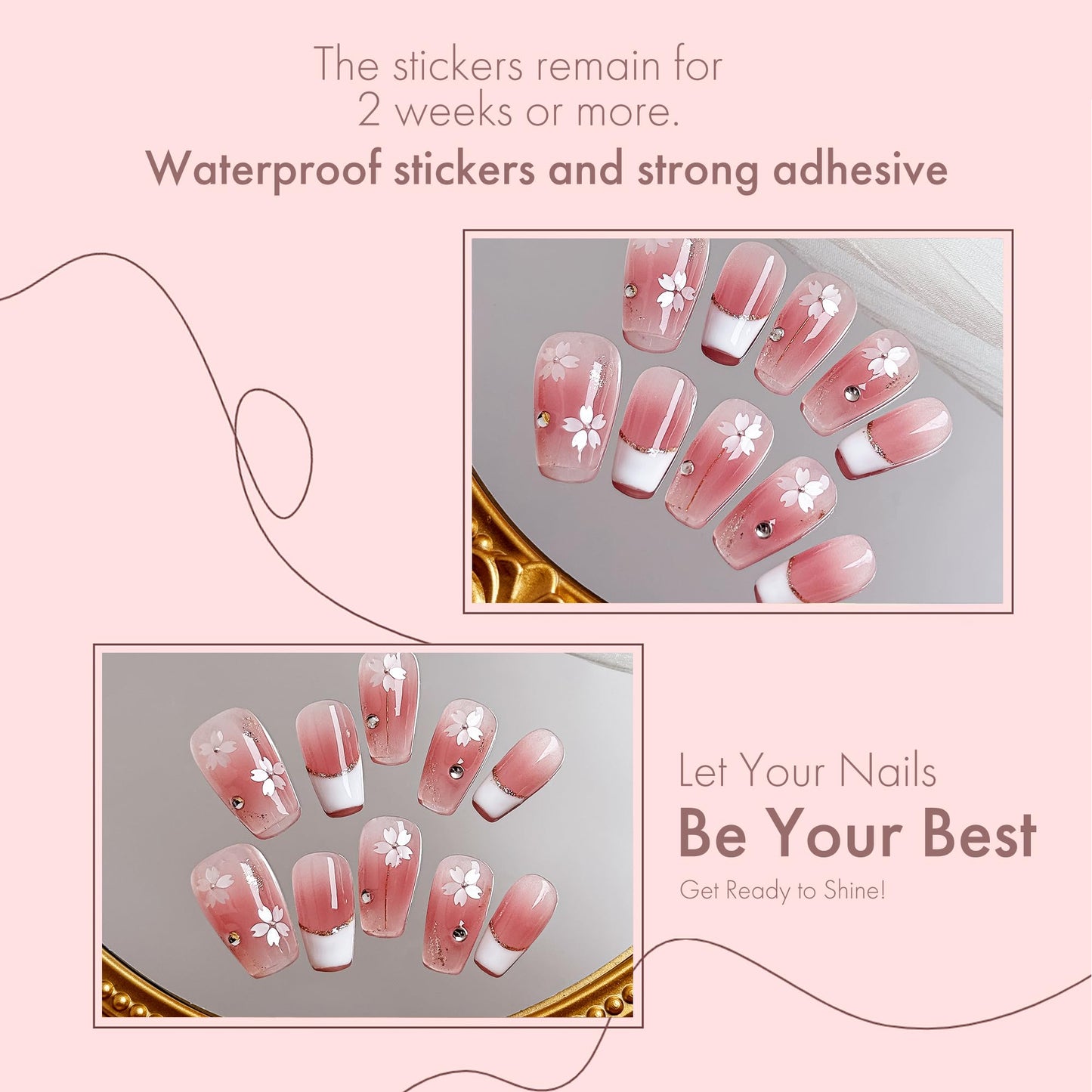 Veil Press On Nails 10pcs, Pink Cherry Blossom Gradient UV Gel/Acrylic False Nails, Elegant Floral French Tip Spring Blossom Nail Art for Women, Cute Pastel Flower Soft Glam Nail Set (Pink, XS)