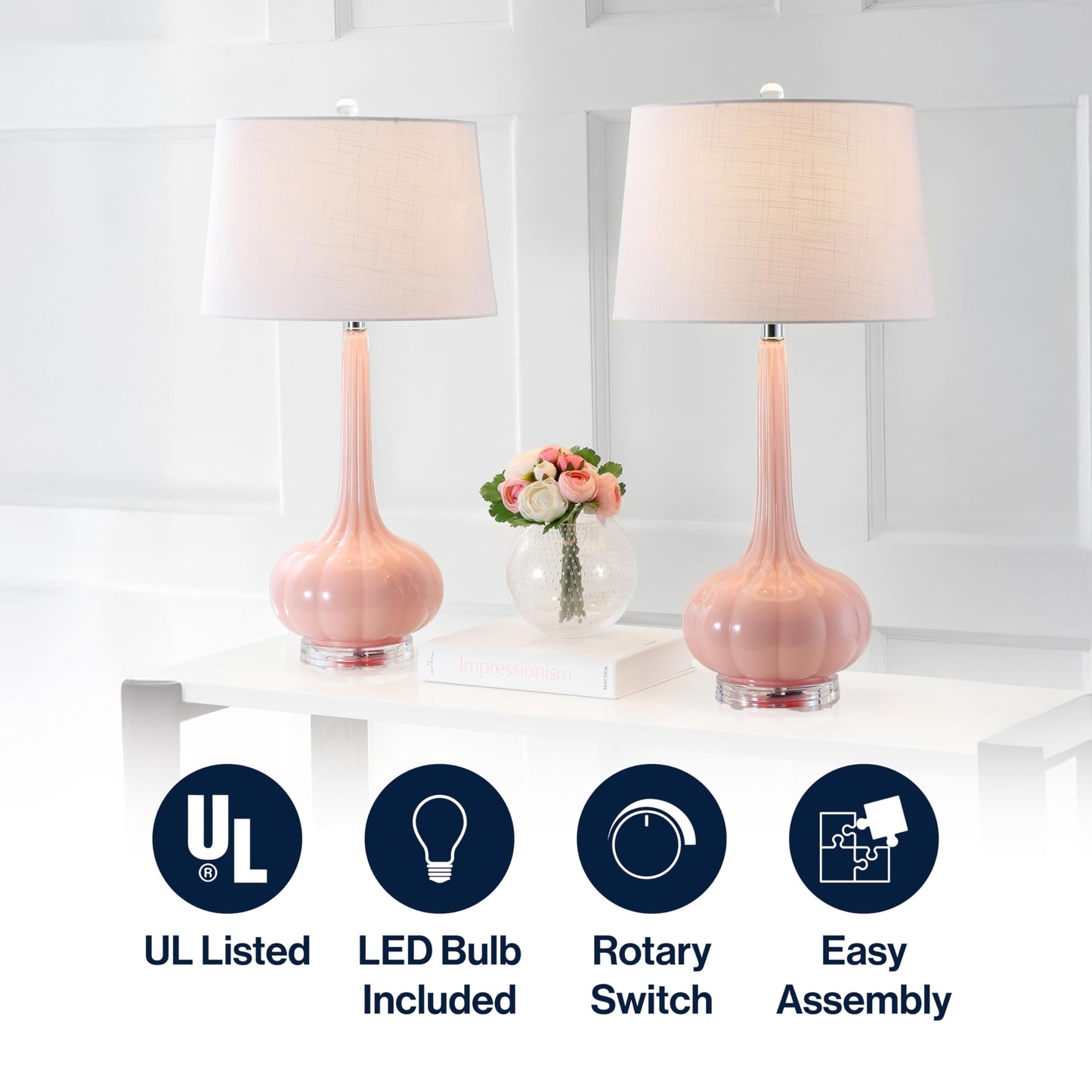 JONATHAN Y 28.5" Pink Glass Teardrop LED Table Lamp Set of 2 for Living Room Bedroom Nightstand, White Linen Shade Modern Transitional Bedside Desk Lamp JYL1079A-SET2