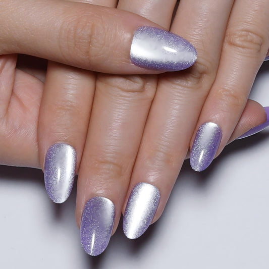 Purple Ombre Cat Eye Press on Nails, Glossy Metallic Gradient Almond Shape False Nails, Elegant & Modern for Women, 24PCS Nail Kit