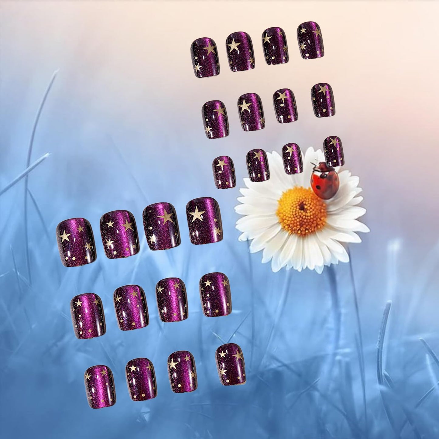 HZJXRT Press on Nails 24 Pcs Starry Sky Gel Glue on Nail Glossy Purple Glitter Stick on Fingernail Gold Stars Acrylic Fake Nail Polka Dots Short Square False Nails for Coquette Women Gift