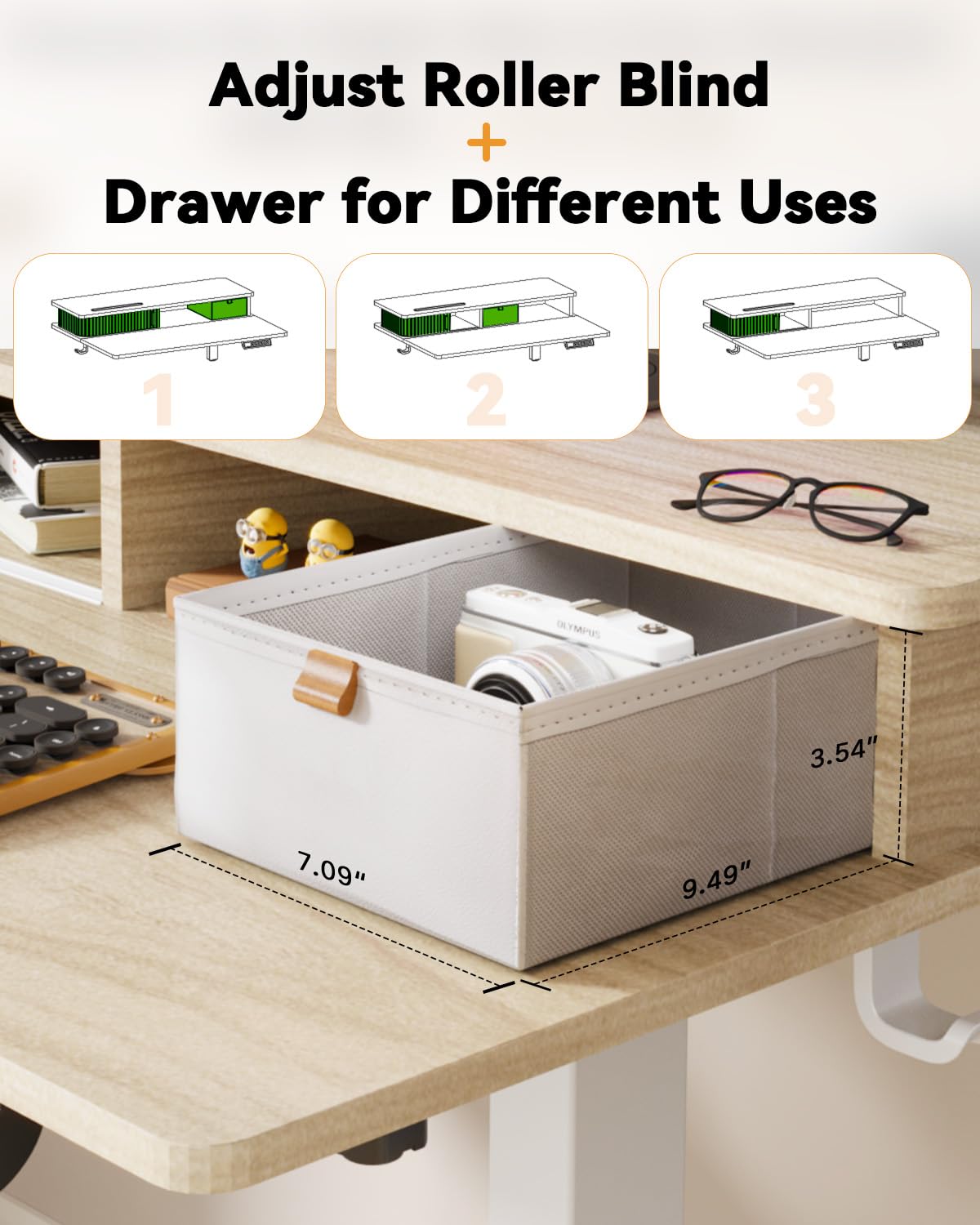JOY worker Small Electric Standing Desk, 35" x 25" Height Adjustable Desk with Built-in Monitor Stand & Storage Drawer, White Sit Stand Desk with 2 Hooks for Home Office, Light Walnut
