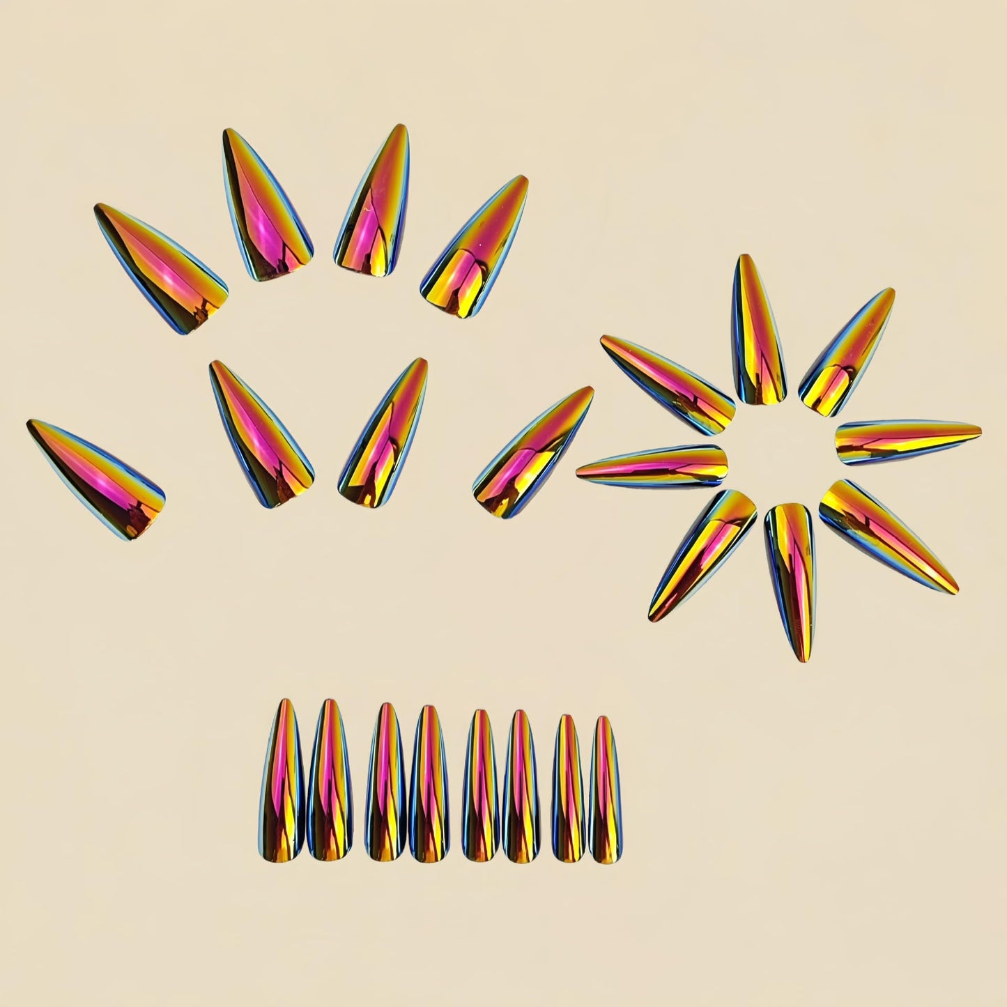 Chrome Press on Nails Almond Medium Fake Nails with Gold Chrome Designs Metallic Laser Glossy Acrylic False Nails Shiny Full Cover Glue on Nails Reusable Stick on Nail for Women 24Pcs