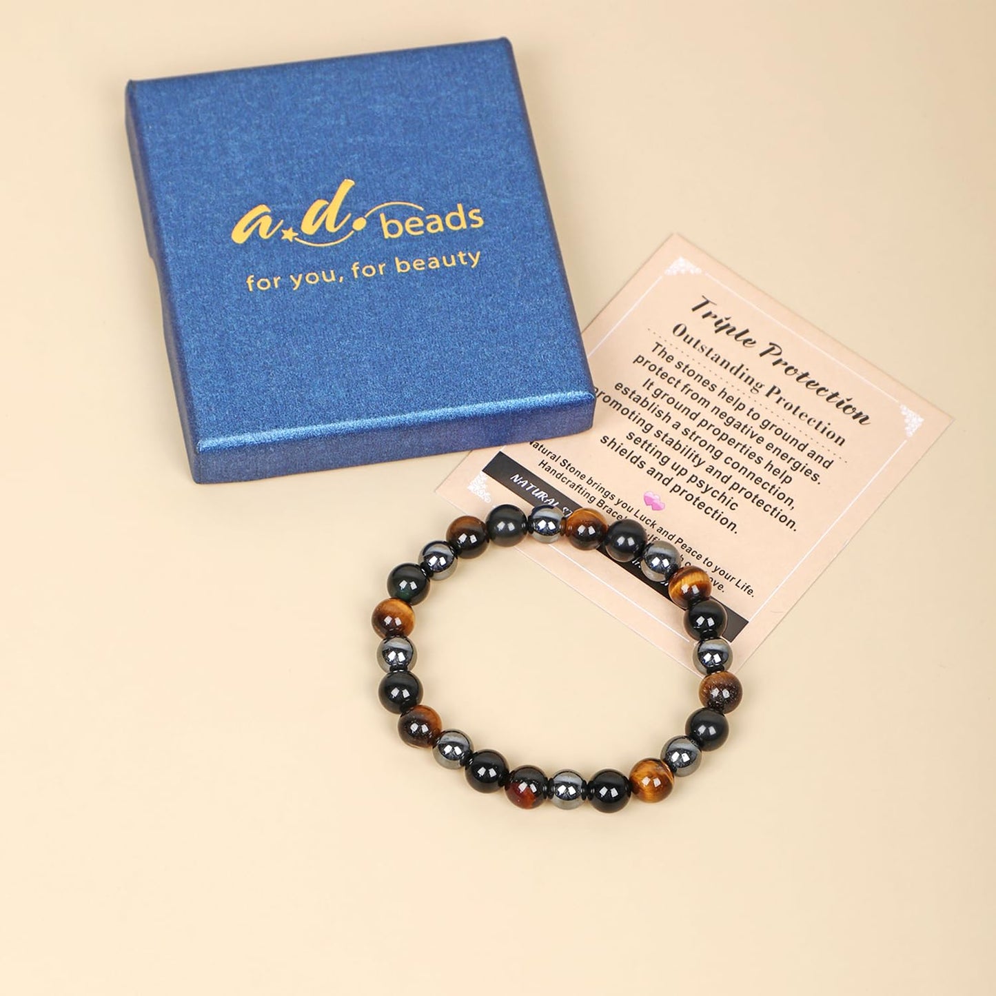 AD Beads Handmade Gemstone Stretch Elastic Bracelet Crystal Healing Reiki Nature's Beauty and Spiritual Essence Unisex (4mm, Triple Protection (Strong Protect))