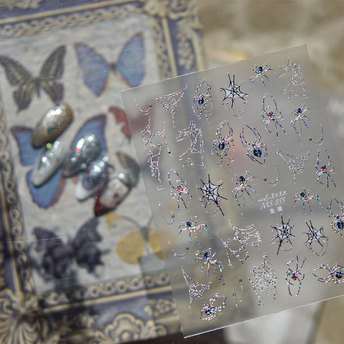 1 Sheets Halloween Nail Stickers for Nail Art Metal Spider Nail Art Stickers Silver Spiders Web with Rhinestones Design Horror Gothic Nail Decals Manicure Decoration for Women Acrylic Nail Supplies