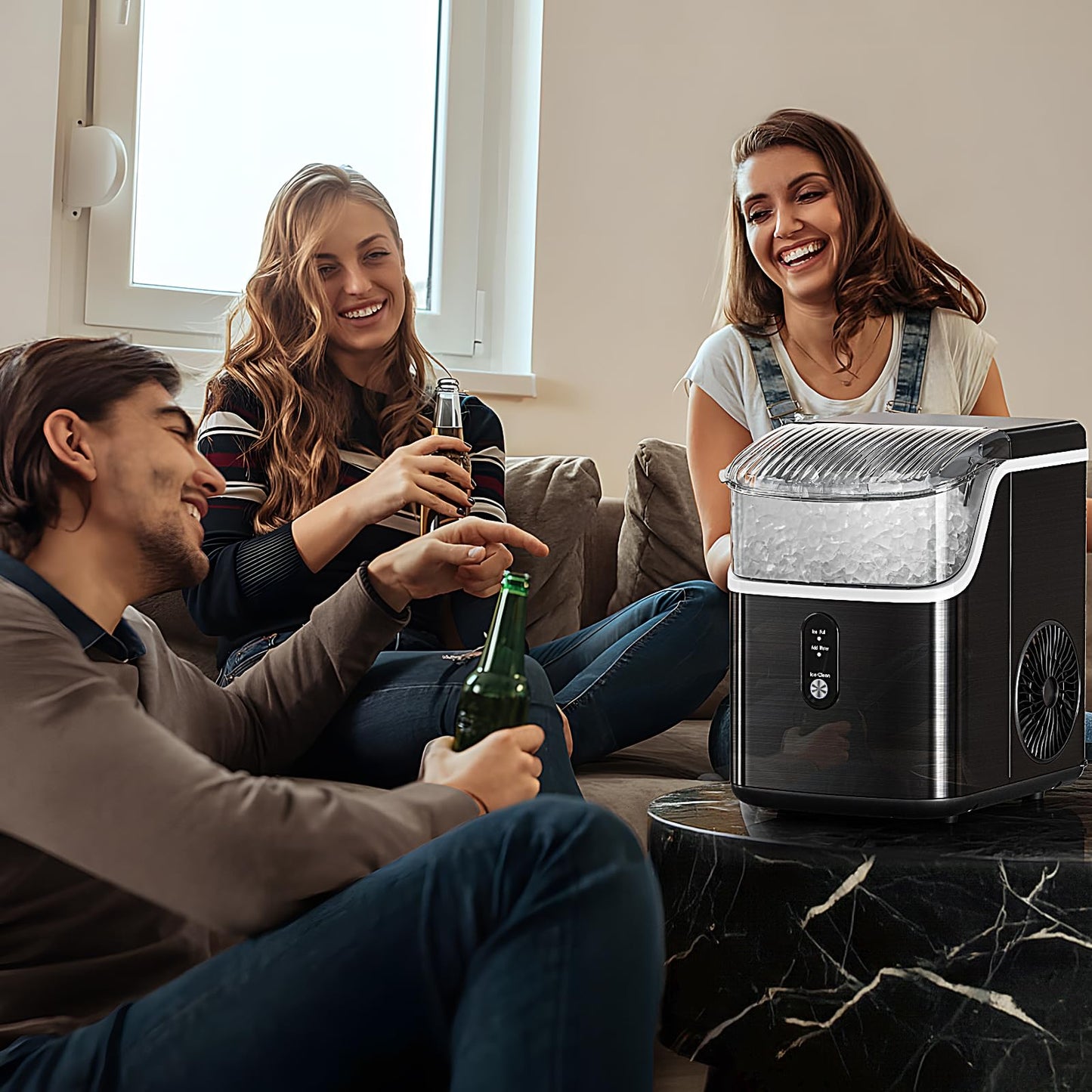 Antarctic Star Nugget Ice Makers Countertop, Pebble Ice Machine with Chewable Pellet Ice, 34Lbs/24H, Self-Cleaning, Sonic Ice, One-Click Operation, for Kitchen,Office Stainless Steel Black