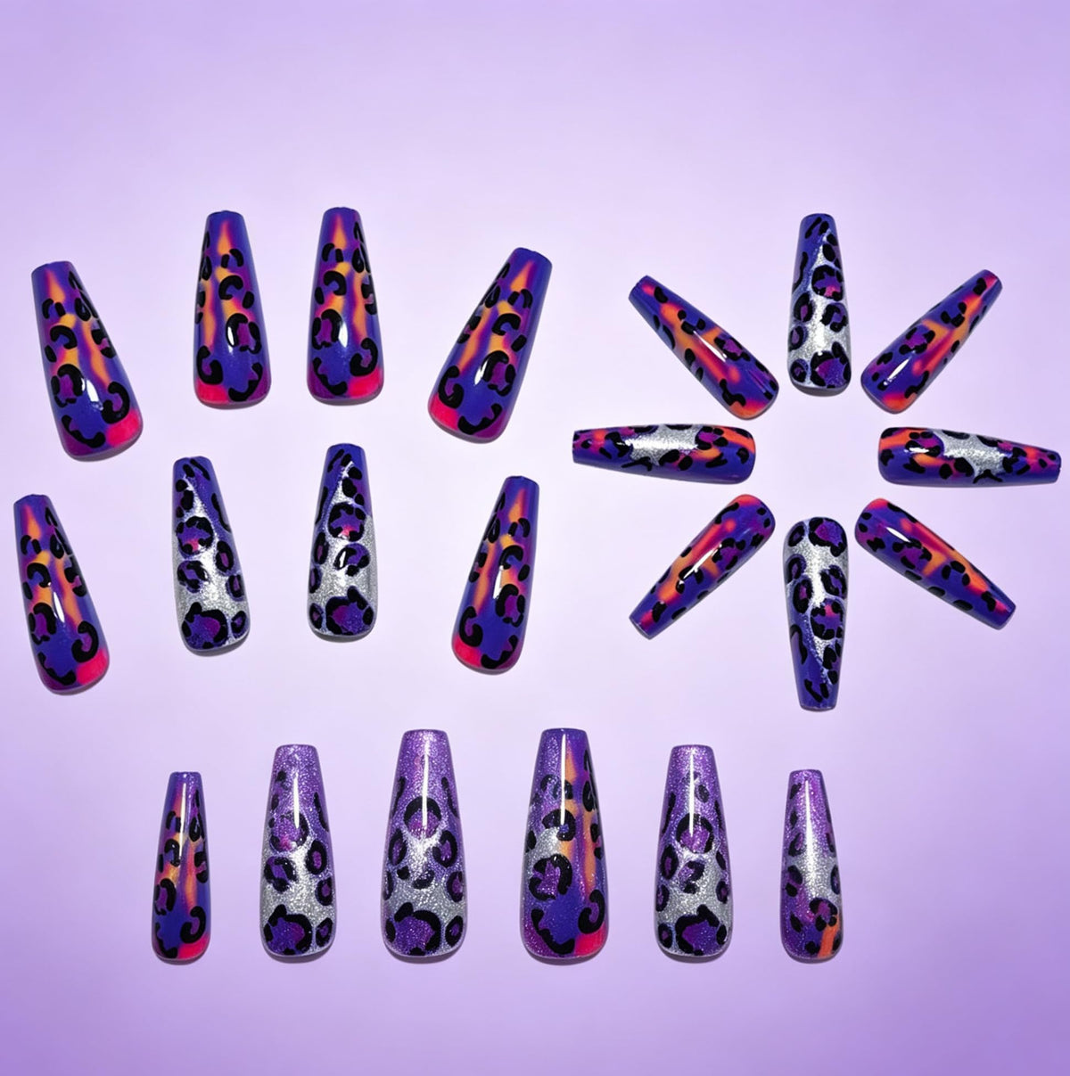 Chunmeng 24Pcs Long Ballet Press on Nails – Purple Halo Leopard Print, Reusable Salon Grade Fake Nails for Women