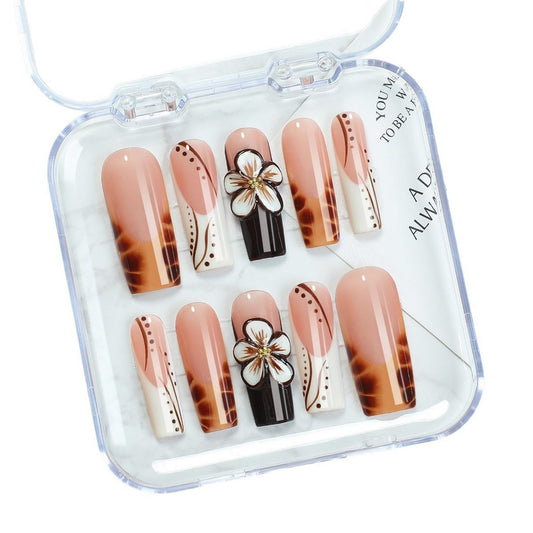 Flower Press on Nails - Long Square Handmade Press on Nails Thick Acrylic and Muti-Layer Gel False Nails 3D Floral Stick on Nails Leopard French Tip Fake Nails for Women DIY Art Decor (M)