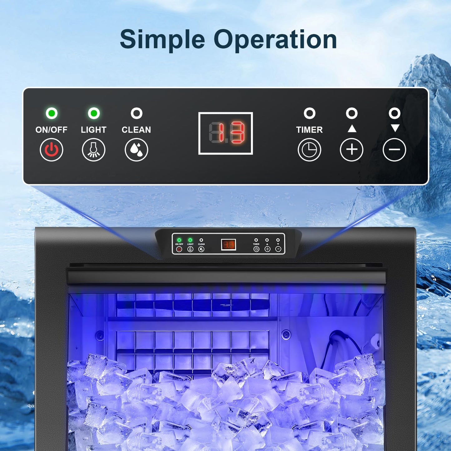 Amzgachfktch Commercial Ice Maker, 150lbs/24H Ice Maker Machine with 50lbs Ice Storage, Self-Cleaning, LED Digital Display, Blue Light, Under Counter/Freestanding Ice Machine for Home Bar Restaurant