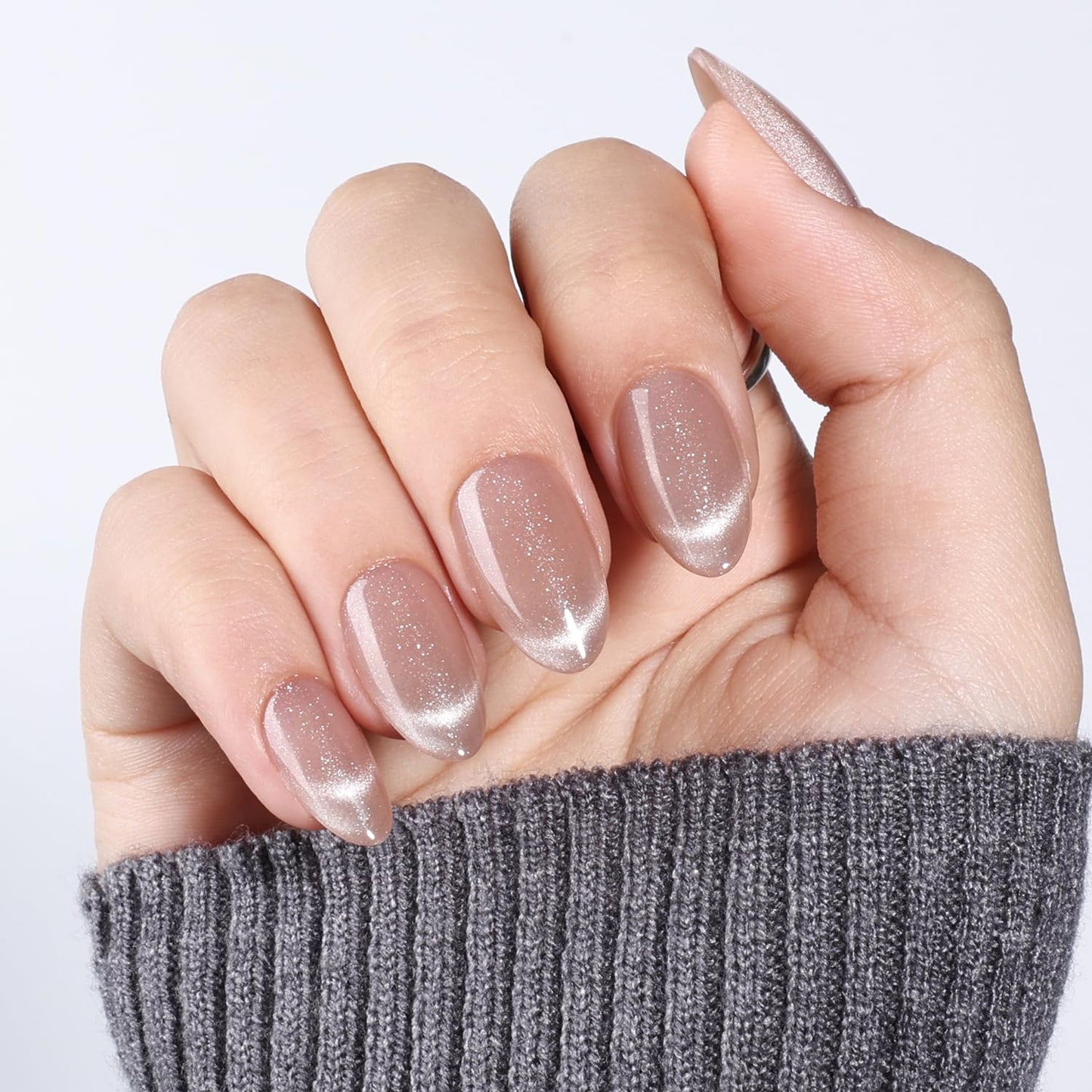 Cat Eye French Tip Press On Nails Almond - Nude Short Almond Fake Nails, Nude Cateye Press On Nails Reusable Stick On Nails in 16 Sizes, 32pcs False Nail Kit for Women & Girls(Veil of Light)