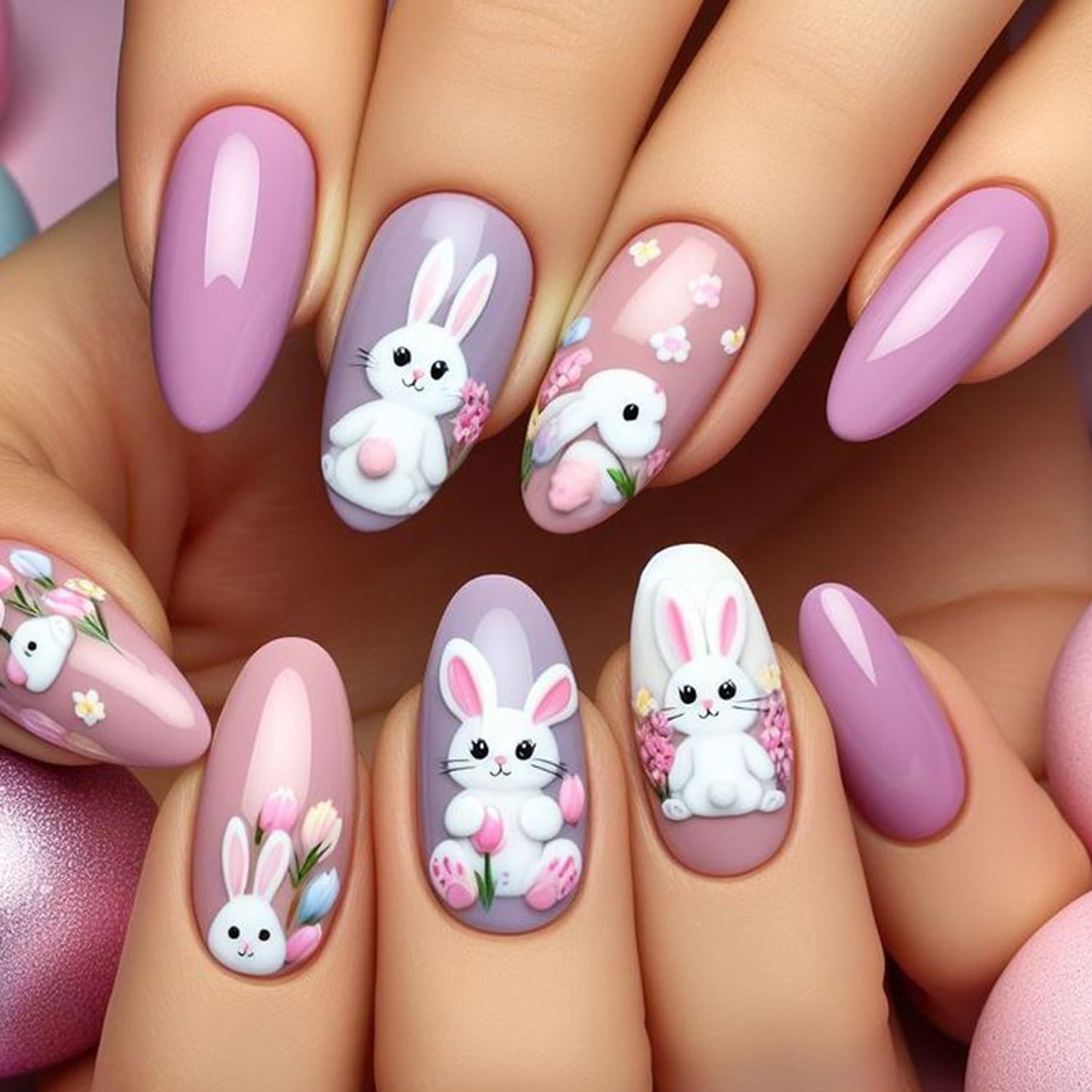CJDLTS Flowers Easter Press on Nails Medium Artificial Almond Acrylic Fake Nails Cute Cartoon Rabbit Design Press Ons Artificial Fingernails Full Cover Glossy for Women Festival Manicure 24Pcs