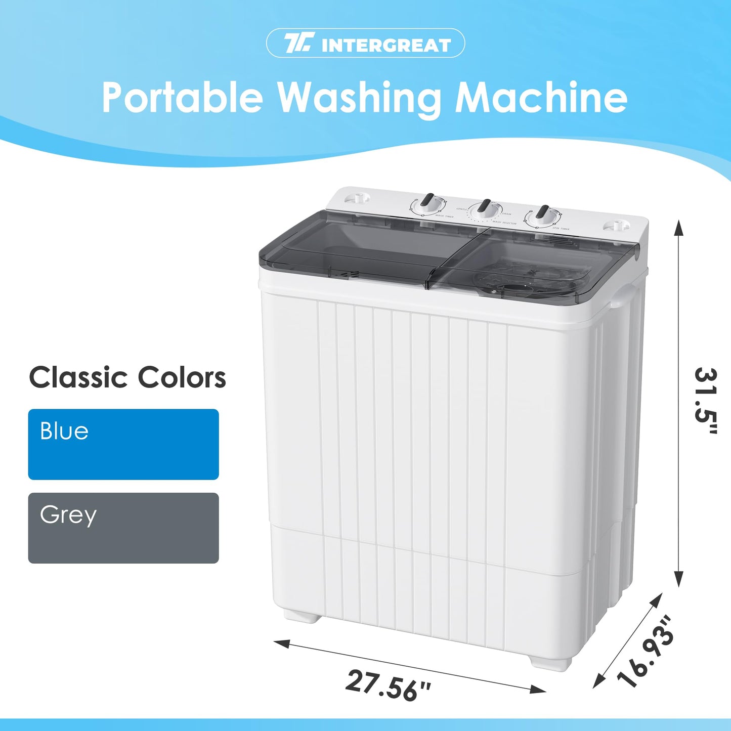 MarKnig Portable Washing Machine, 28lbs Twin Tub Mini Washer Compact Laundry Machine with Timer Knobs, Semi-automatic 18lbs Washer 10lbs Spinner Combo for Dorms, Apartments, Grey