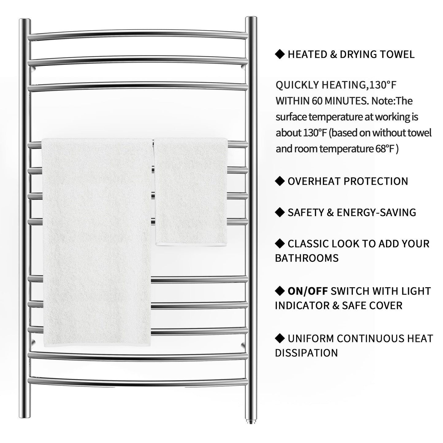 HEATGENE Towel Warmer Wall Mount Electric Plug-in/Hardwired Heated Towel Rack, 4-Supports Mirror Polish