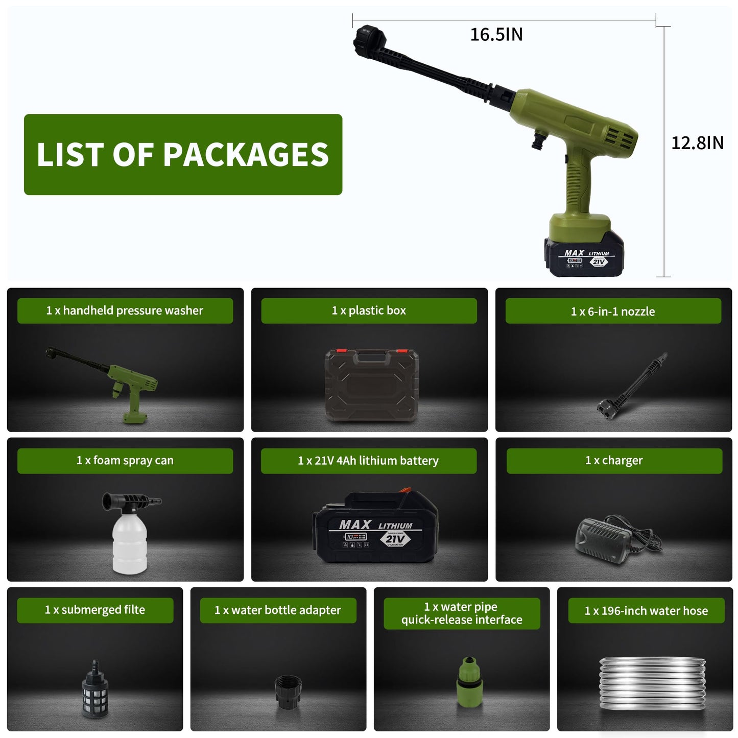 VLAIAN Cordless Pressure Washer,1200PSI Portable Power Washer with 4Ah Battery&Charger,6-in-1 Nozzle,5 Meter Hose,Handheld High-Pressure Car Washer for Cars/Yard/Home/Floor,Green